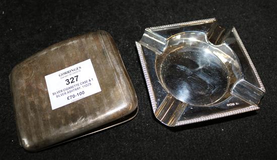 Silver cigarette case & 1 silver ashtray, 11ozs